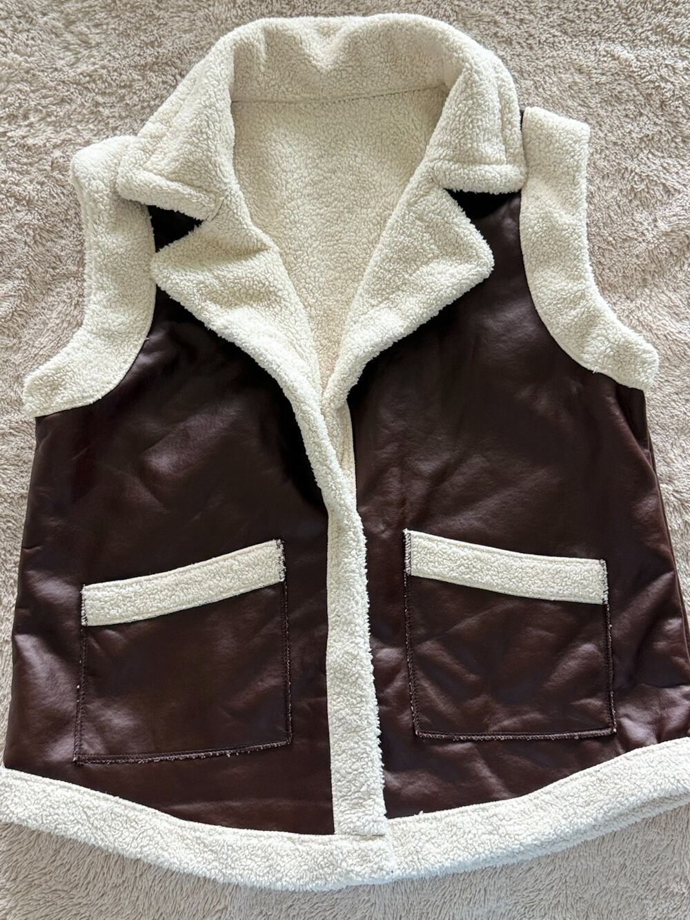 NWT MakeMeChic Faux Leather Sherpa Vest Medium Brown Open Front Aviator